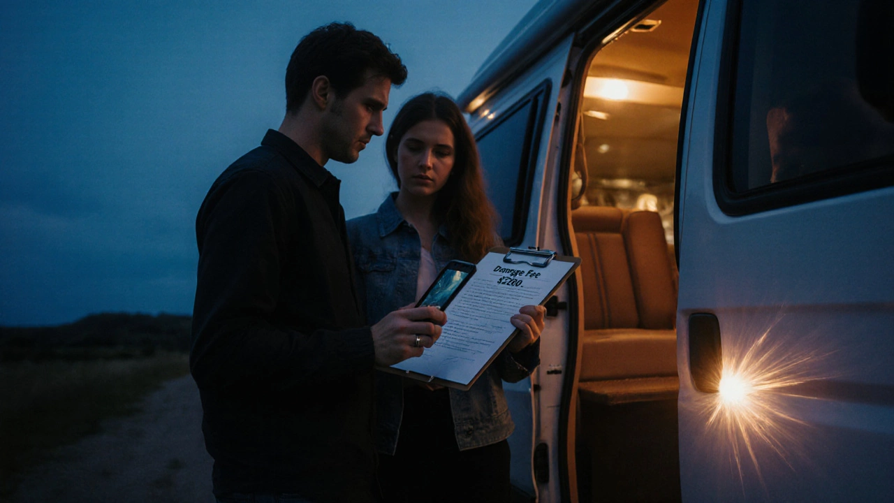 Couple examining a campervan damage fee receipt at dusk, phone showing pre-existing dent.