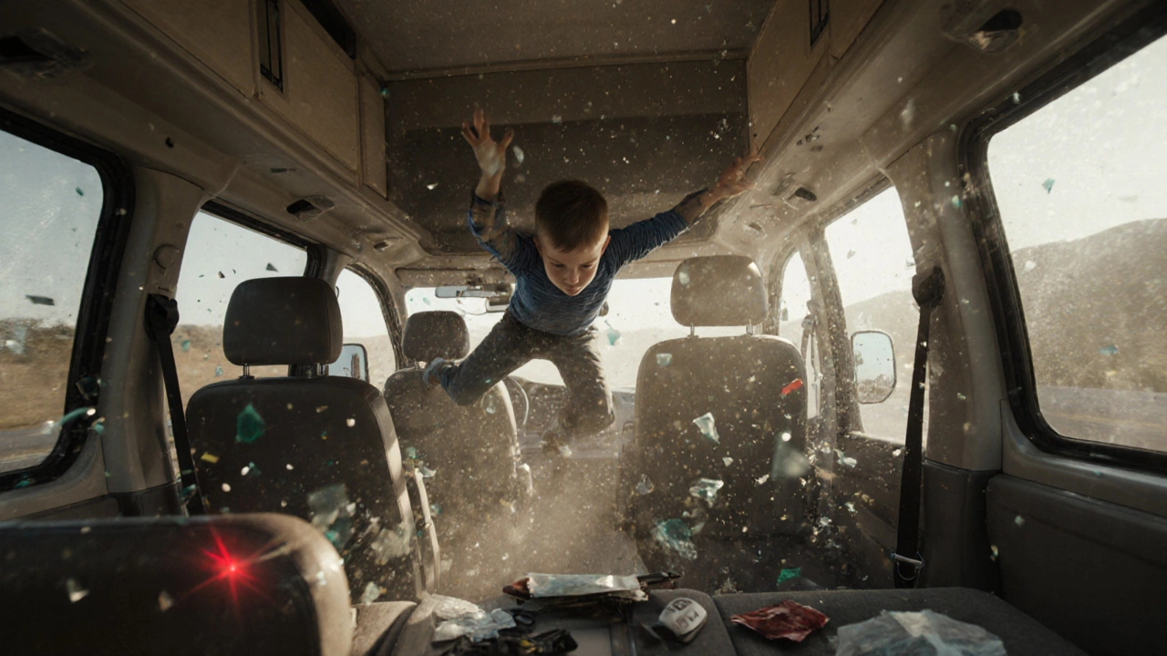 Crash simulation showing an unrestrained child flying through the air inside a motorhome during a collision.