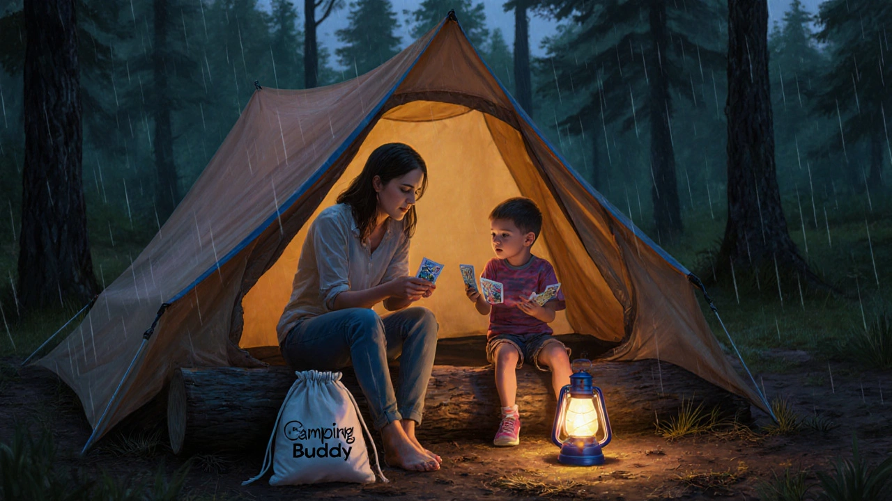 Family playing cards under a tarp during light rain, no electronics, cozy lantern light.