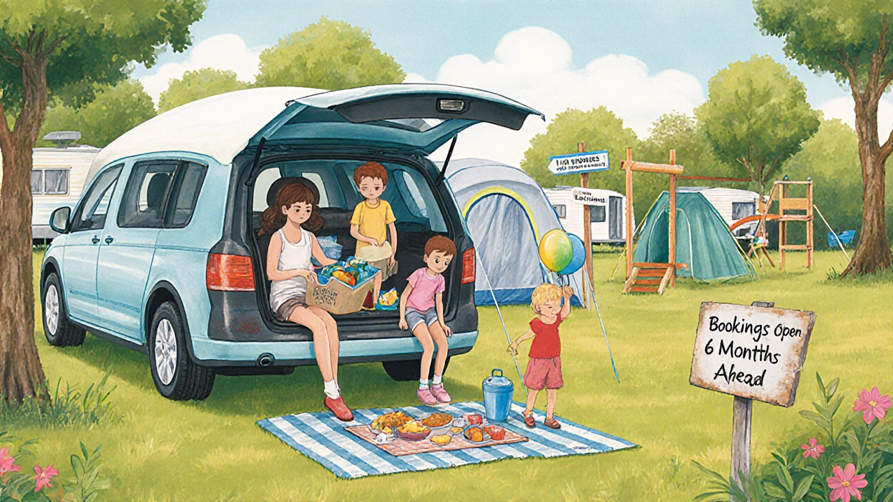 Family unpacking at a well-equipped caravan park in August with playground and picnic setup.