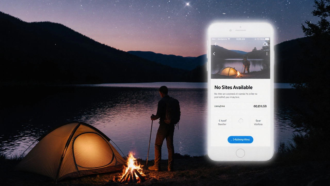 Lone camper at a lakeside site at dusk, with a fading online booking screen dissolving into stars.