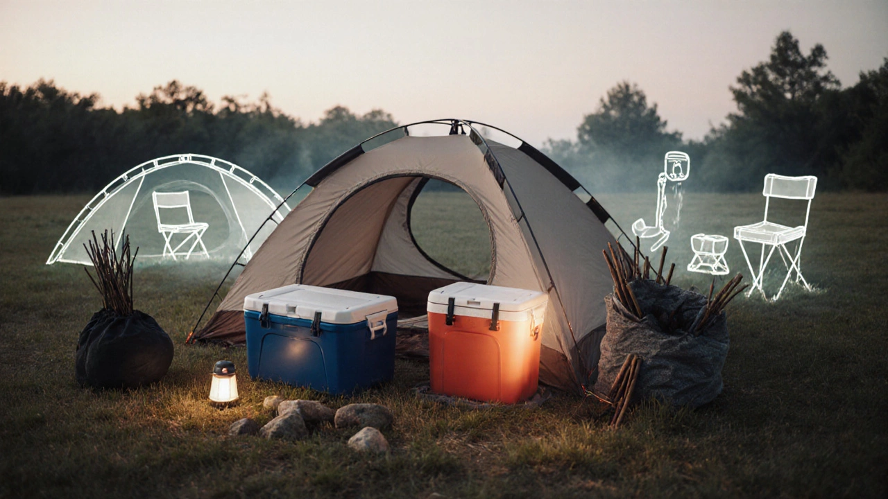 Minimalist campsite with essential gear, ghostly outlines of excess items fading away.