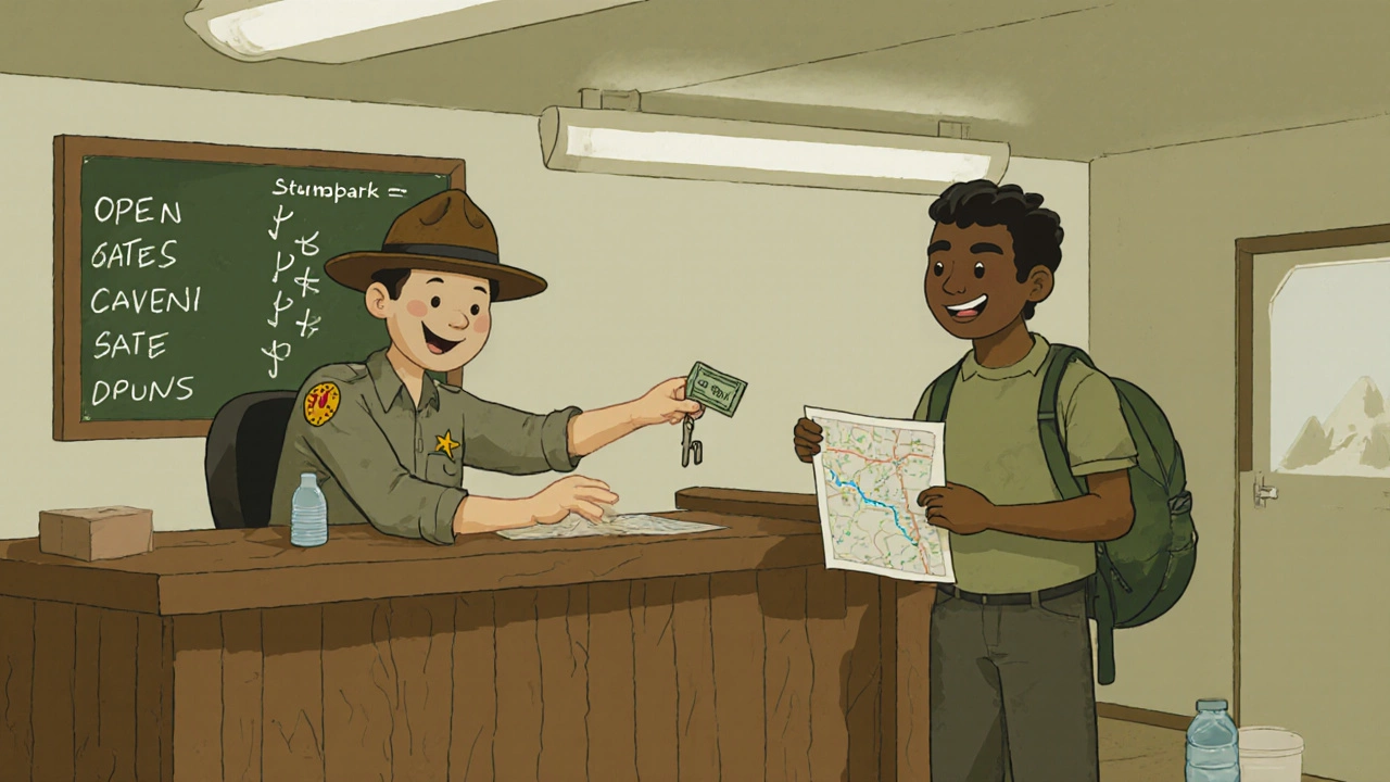 Ranger handing a campsite key to a camper at a wooden office counter with a handwritten availability board.