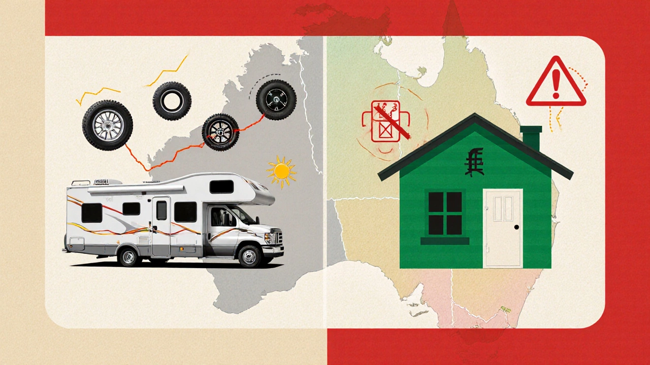 Split image comparing rising RV costs versus falling tiny home expenses against an Australian map.