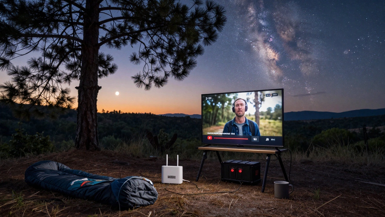 A 12V TV playing a video at a remote campsite under a starry sky, powered by a portable battery with no cords.