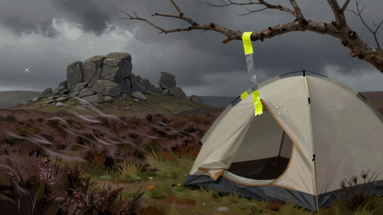 A camper fixing a torn tent with duct tape under stormy Dartmoor skies, granite hills in the distance.