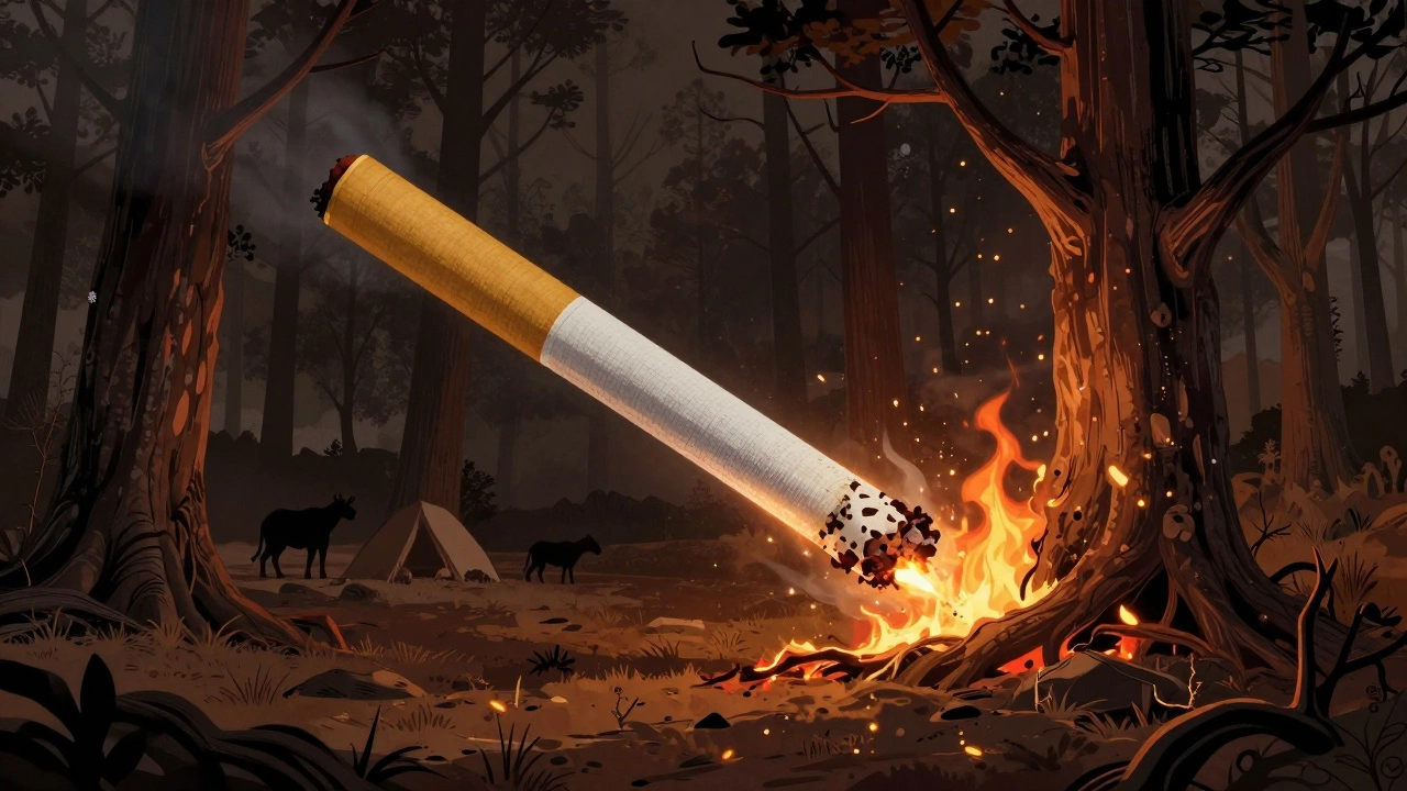 A glowing ember turning into wildfire in a dry forest, threatening trees and wildlife.