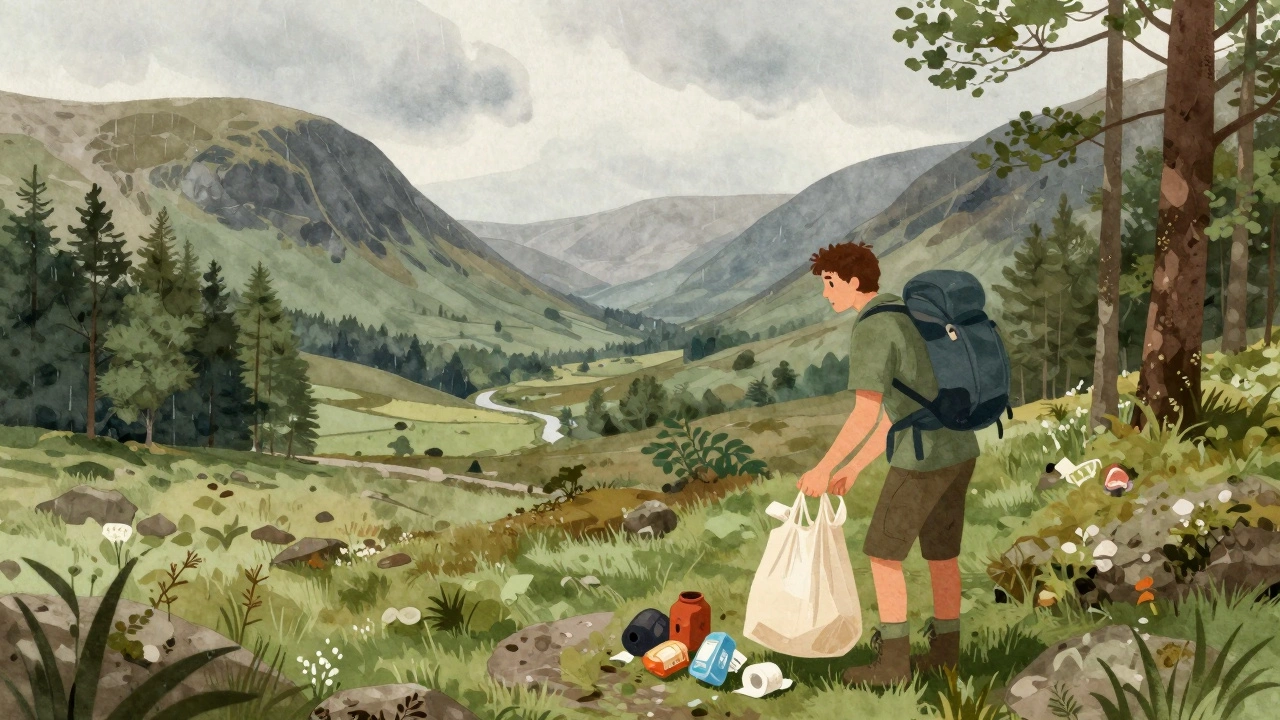 A hiker packs out all trash from a forest clearing in the Lake District, respecting nature.