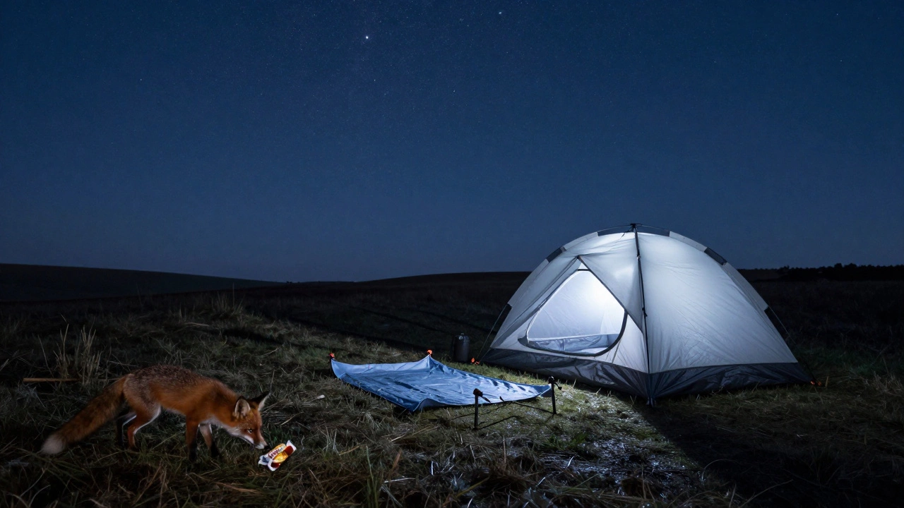 A quiet night campsite in the South Downs under a starry sky, a fox near a snack wrapper, no people present.