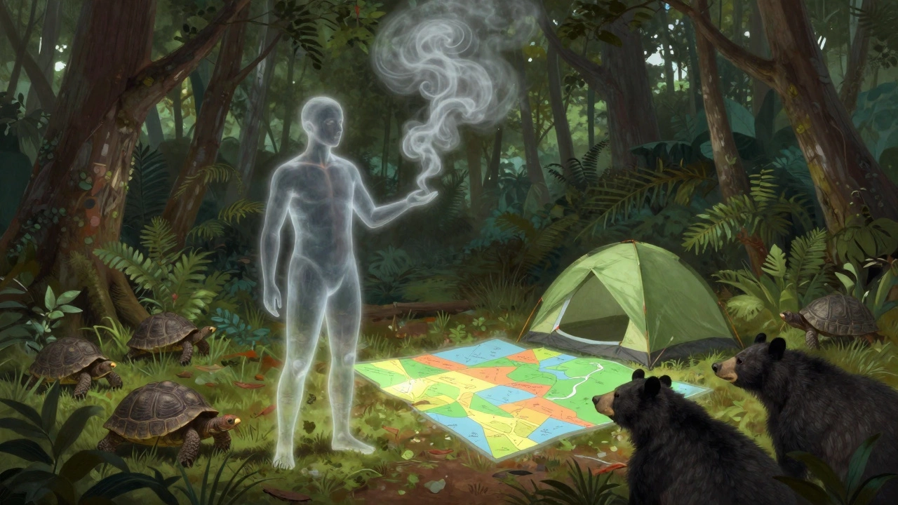 A translucent figure at forest&#039;s edge, tent dissolving into smoke, with glowing legal camping zones on the ground.