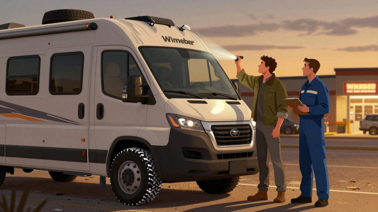 Buyer inspecting a motorhome&#039;s roof with a flashlight at dusk, mechanic nearby, warm light in background.