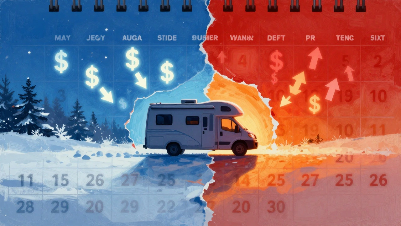 Calendar showing winter months with falling prices and summer with rising prices, motorhome in center.