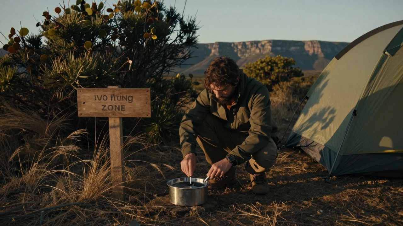 Camper extinguishing a cigarette in a designated ashtray away from tents, surrounded by native shrubs.