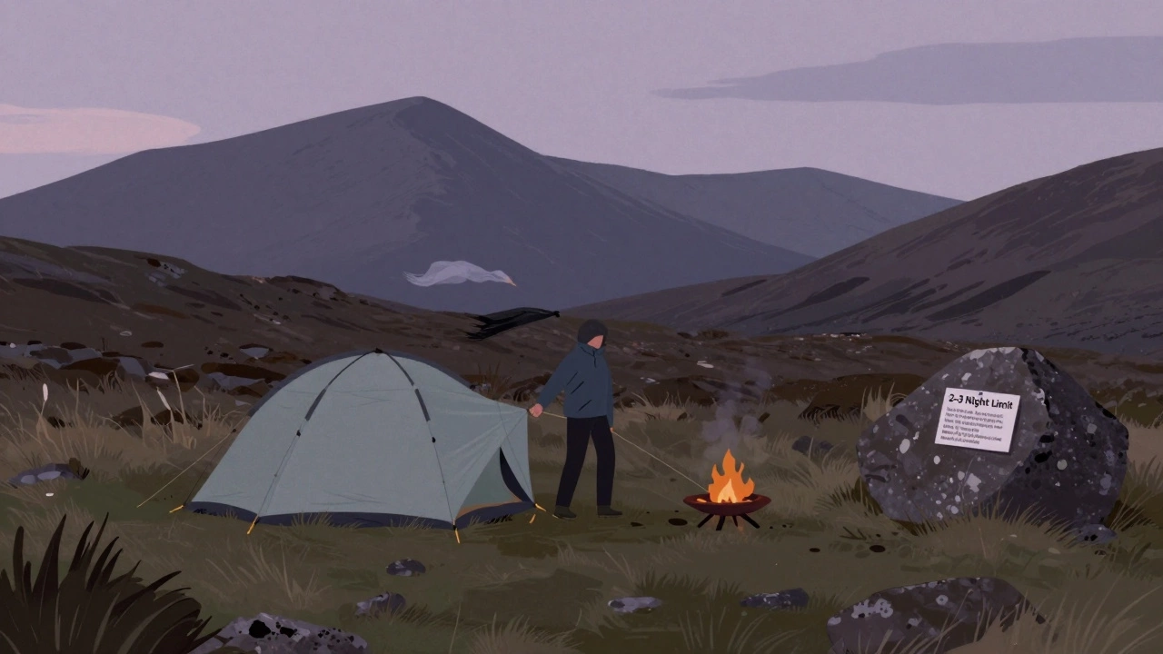 Camper moving tent on Scottish moor under twilight sky with '2-3 Night Limit' notice.
