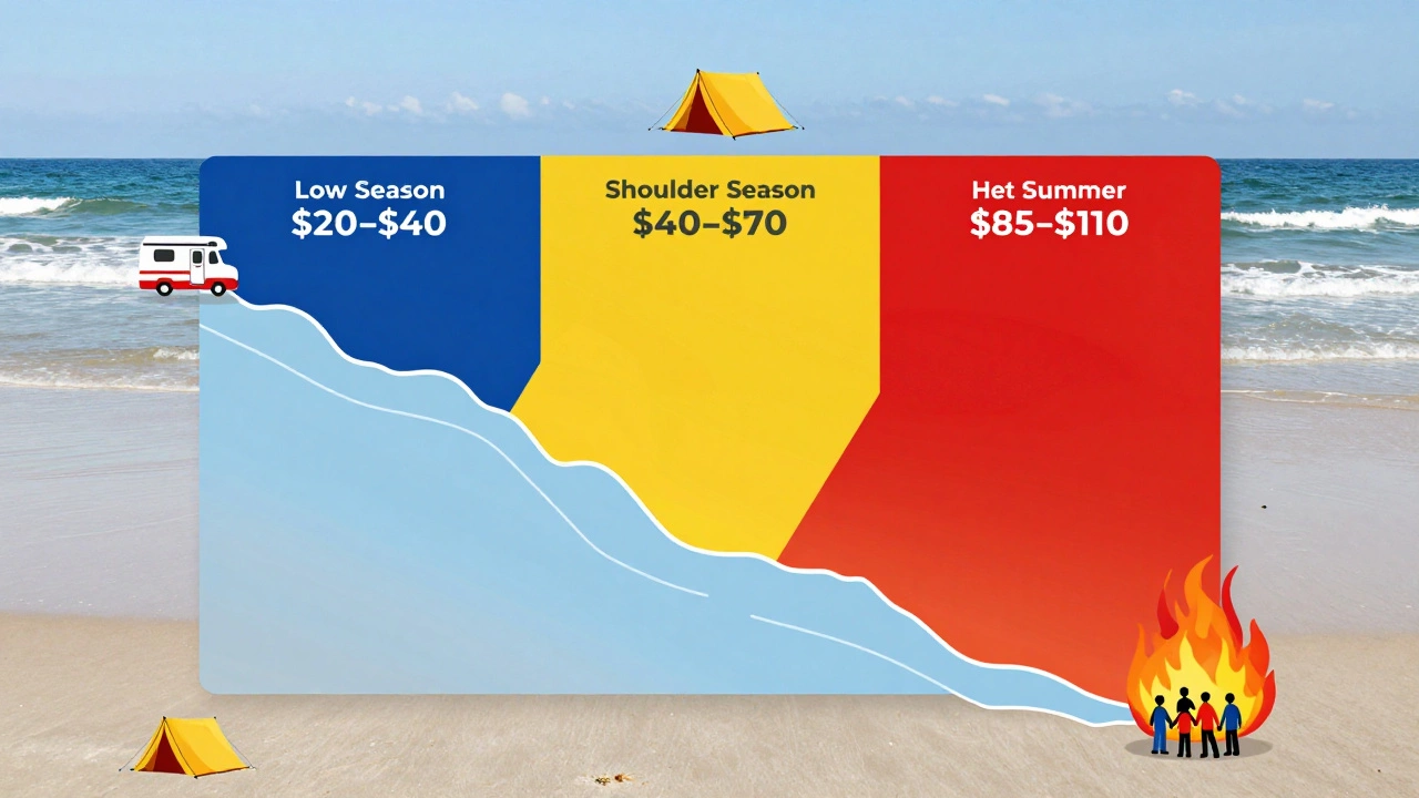 Color-coded calendar showing seasonal camping price tiers for Myrtle Beach campgrounds.