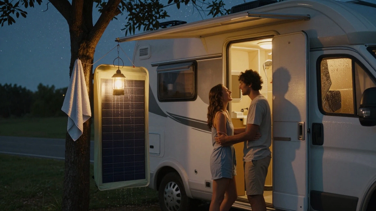 Couple using a portable solar shower outside a parked motorhome under starry sky, warm lantern light, peaceful camping scene.