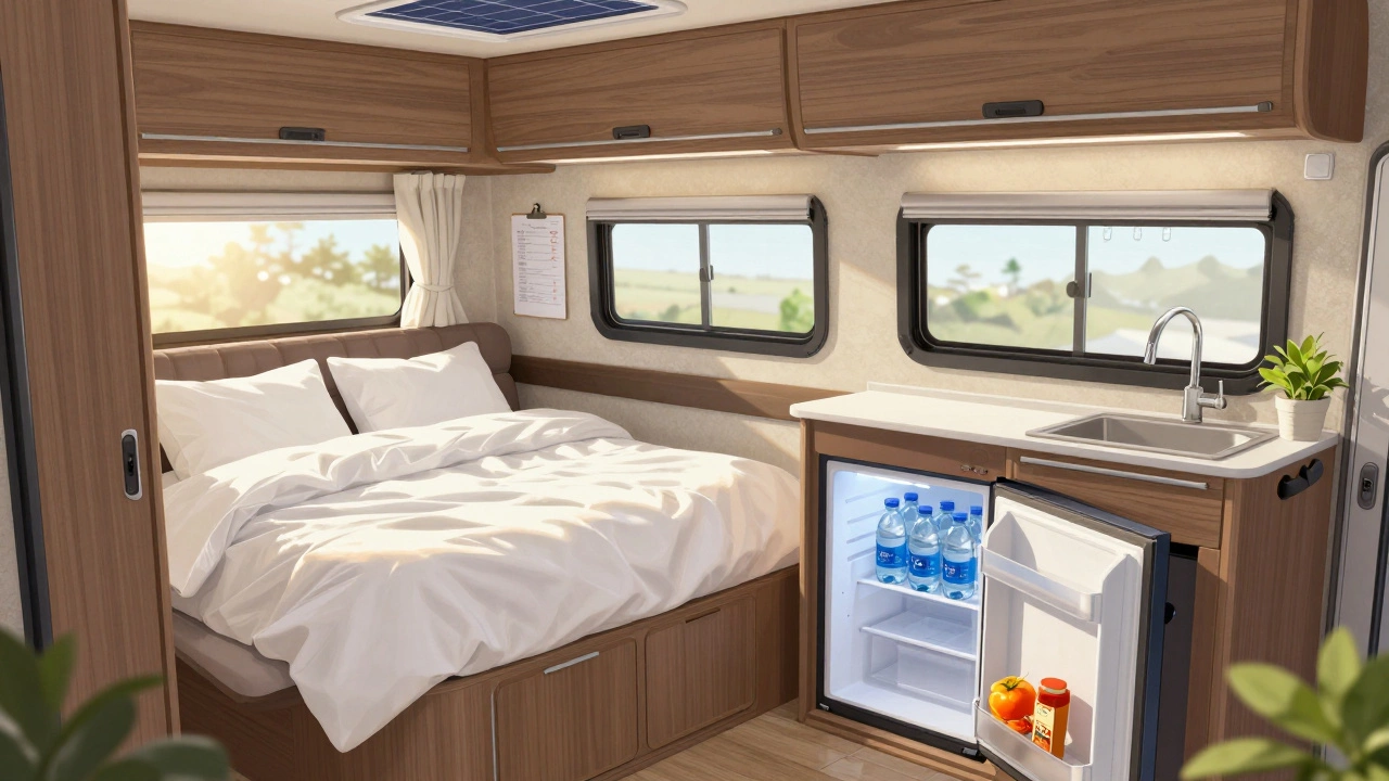Cozy RV interior with clean bedding, open fridge, and solar panel window, bathed in morning light.