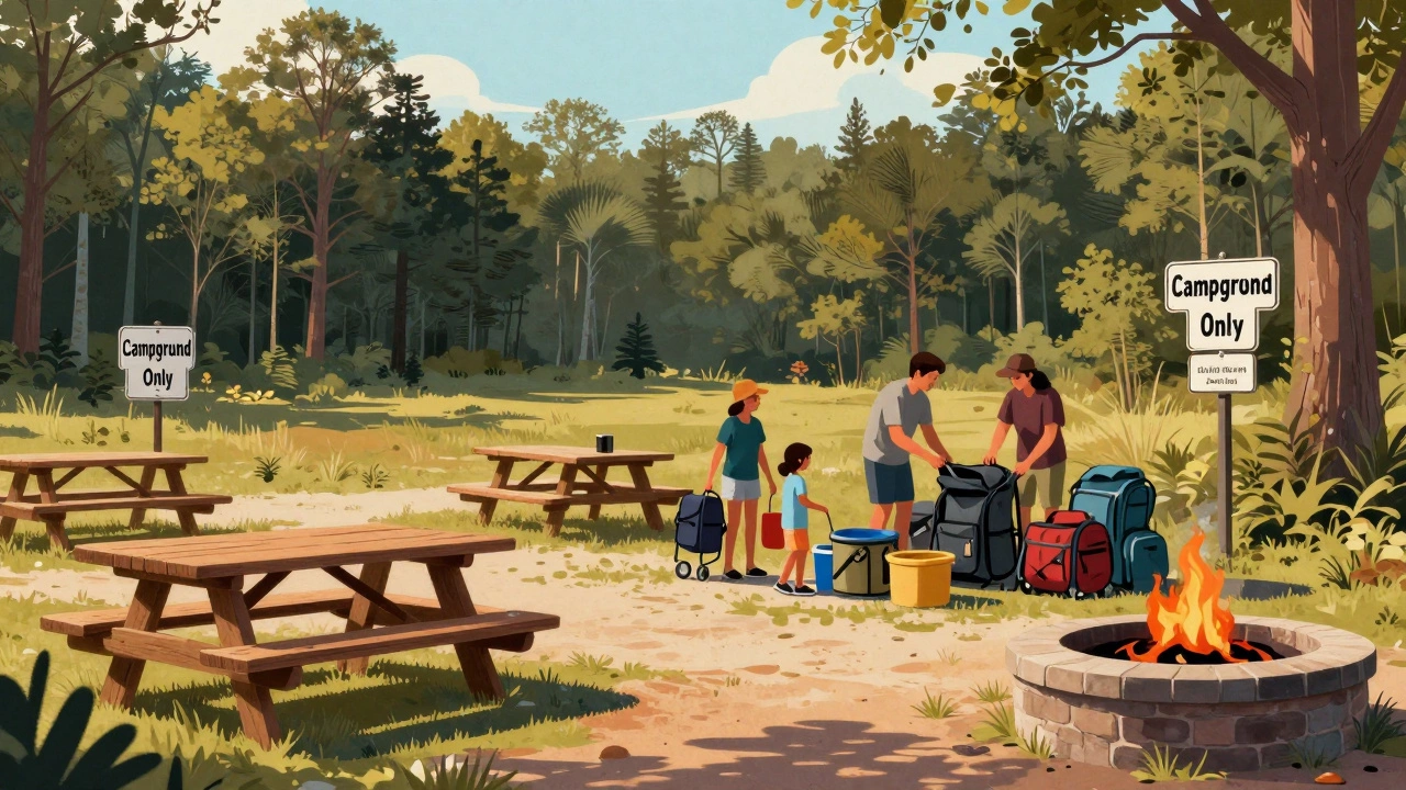 Family packing up at a marked campground in Ocala National Forest, with trail signs and fire rings visible.