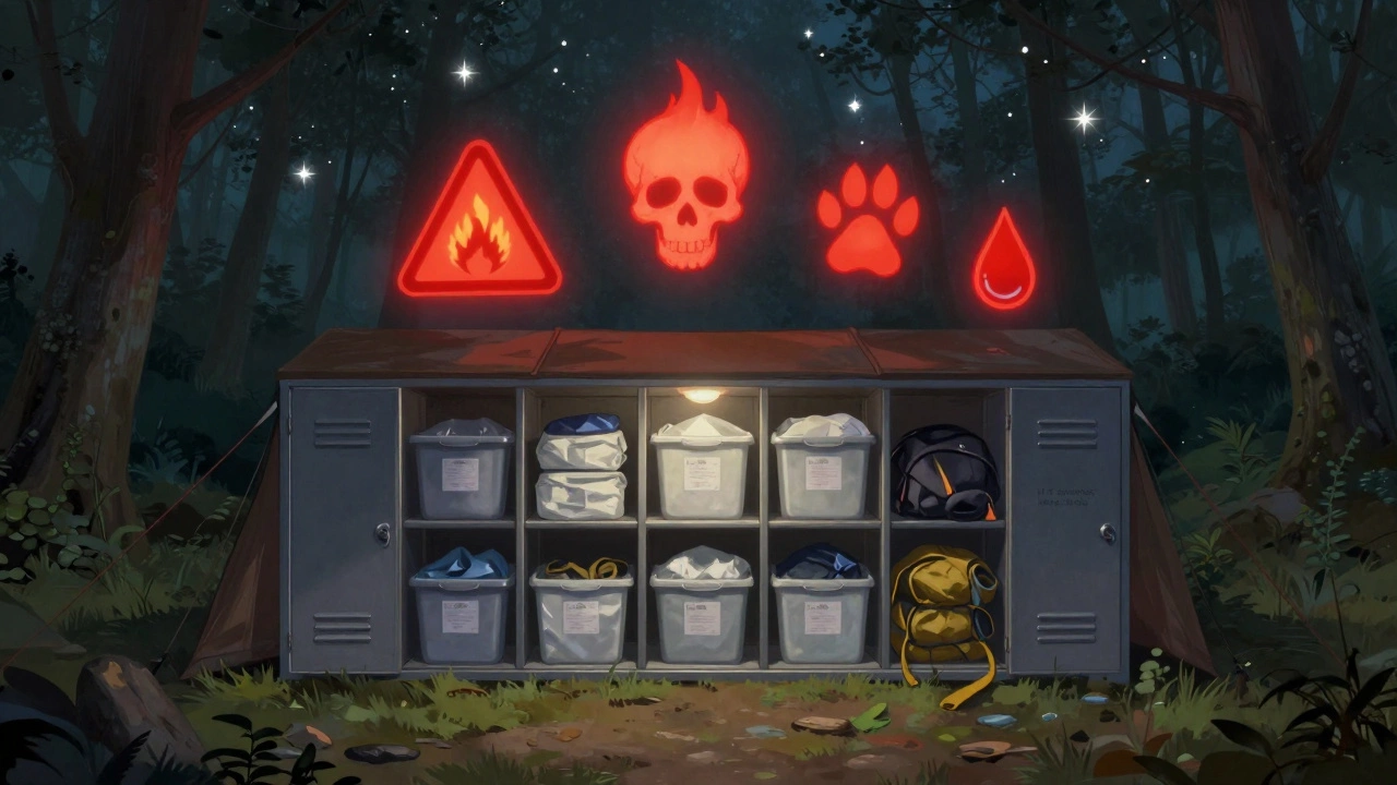 Glowing warning symbols hover over a tent as safe storage practices are shown outside.