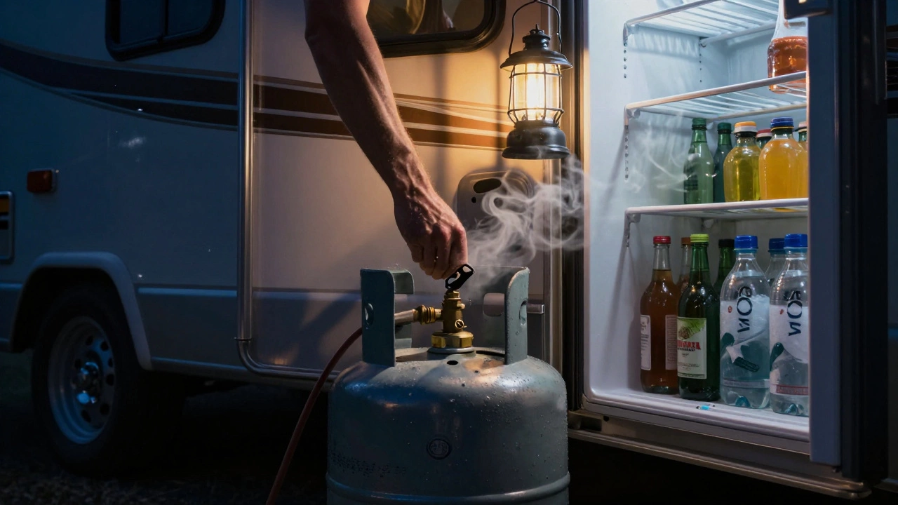 Hand turning off propane tank valve in a dark RV, ice packs and open fridge door in background.