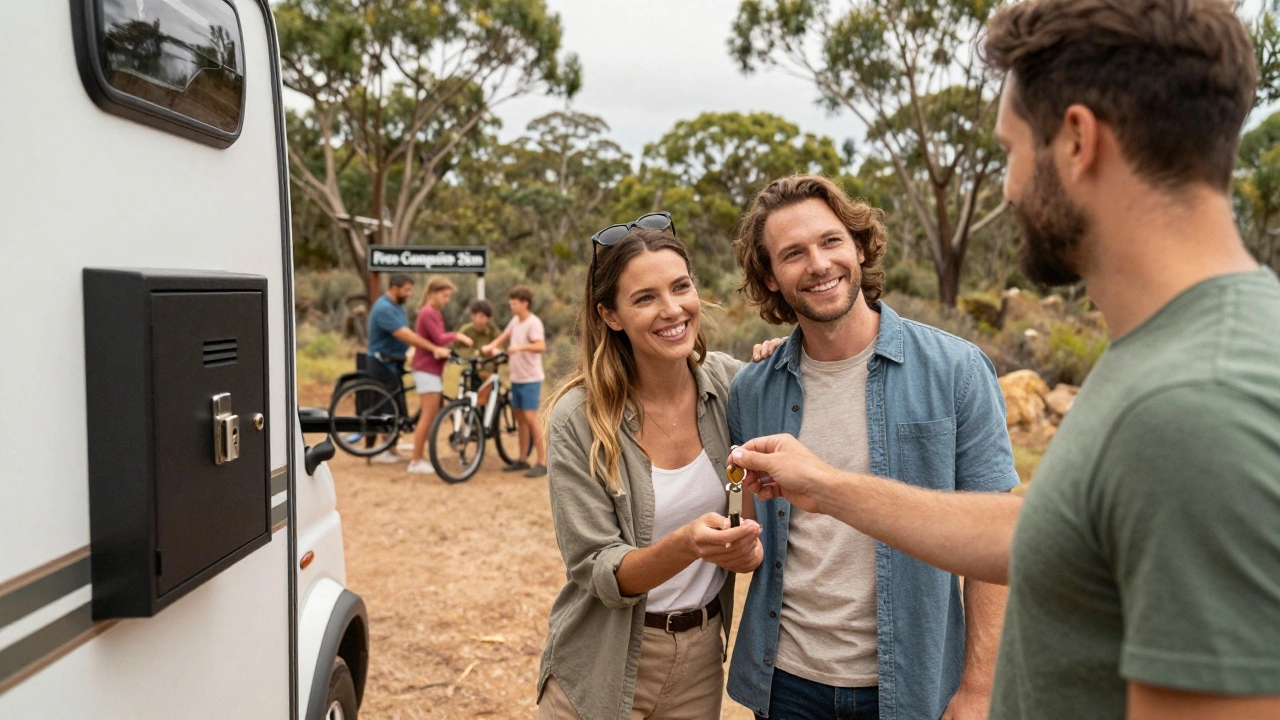 Host handing key to guests at lockbox beside RV in bushland, family loading bikes in background.