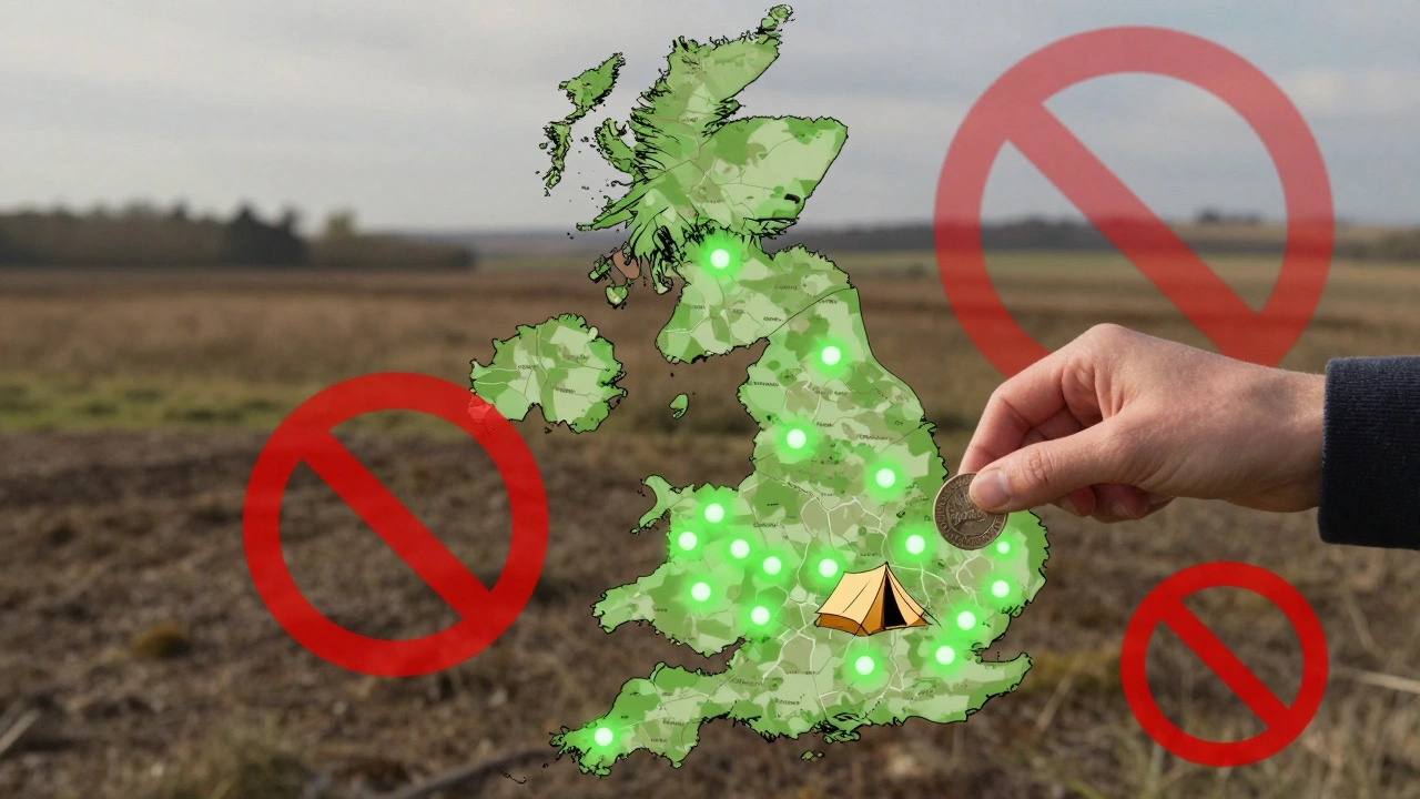 Map of England showing legal camping spots on farms versus prohibited areas with tent and coin icon.