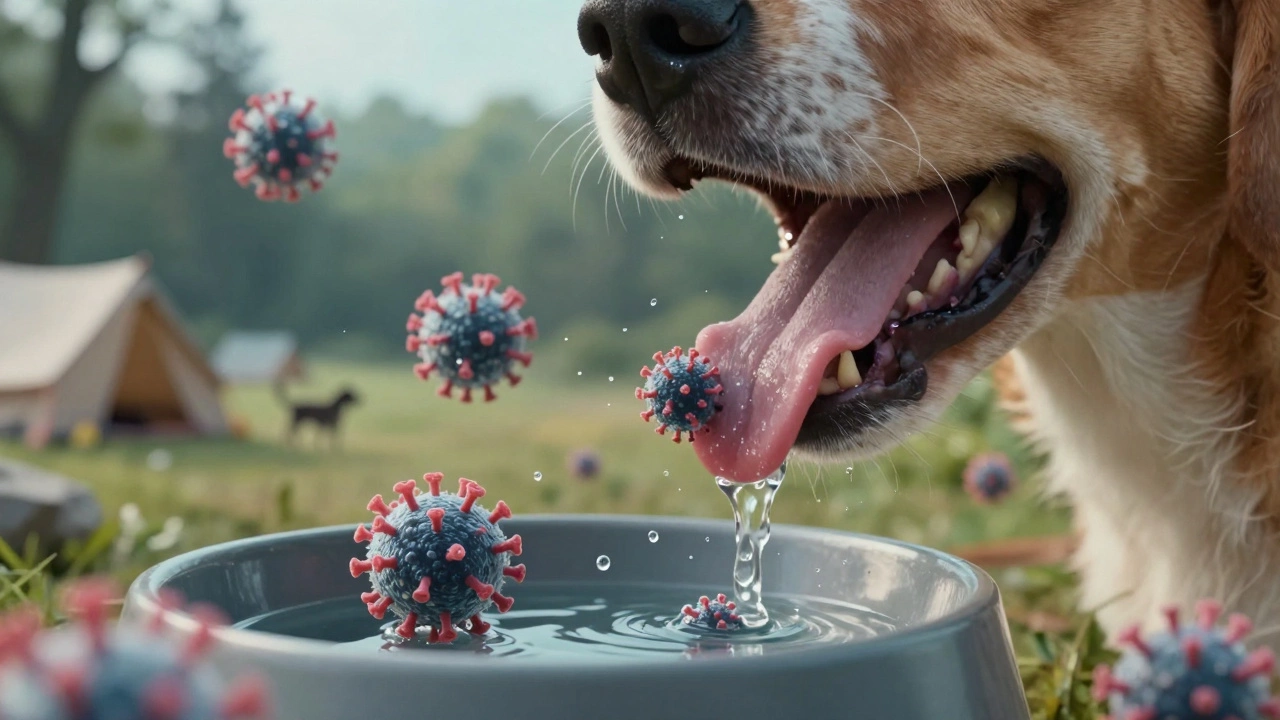 Microscopic view of parvovirus particles clinging to saliva near a water bowl, with campsite blurred in background.