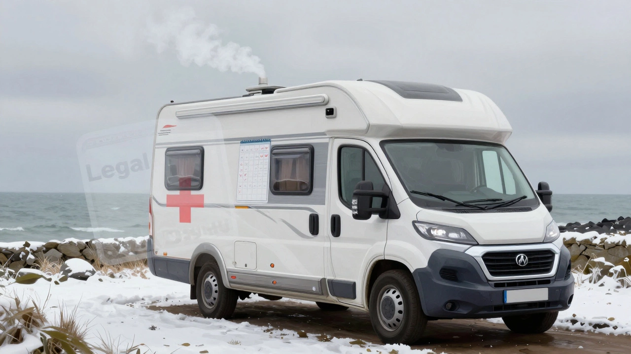 Motorhome at wintering site in Wales with calendar showing months and 'Legal Address' red cross.