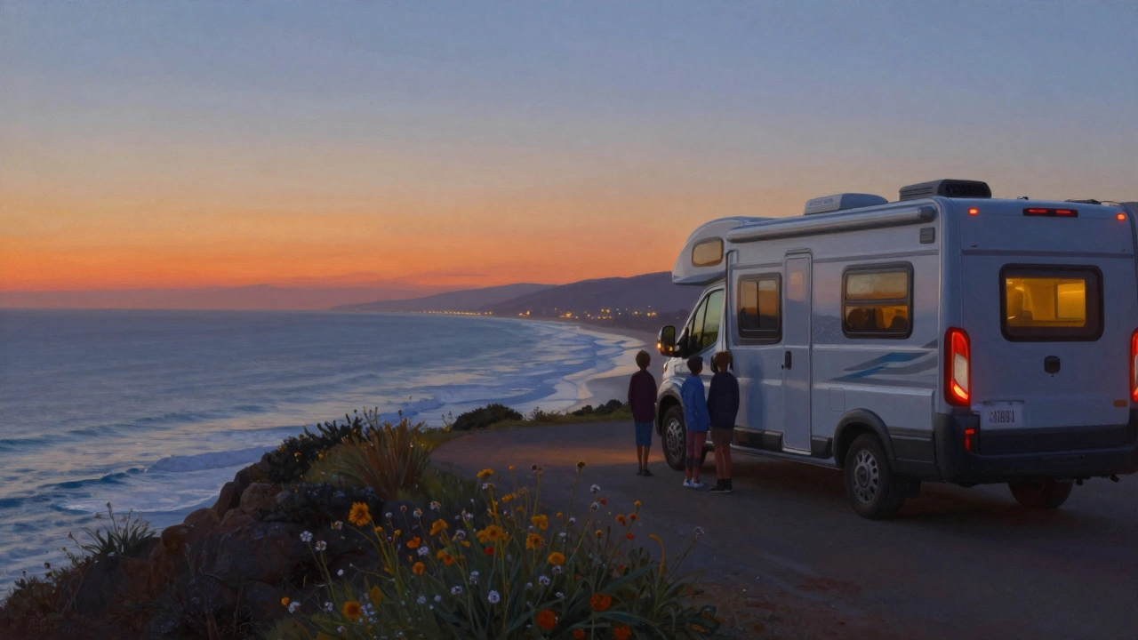 Motorhome overlooking the Pacific Ocean at dusk with family enjoying the sunset.