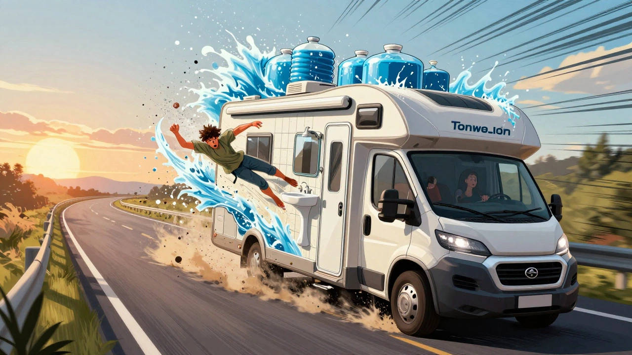 Motorhome tilting dangerously on a curve due to water sloshing in tanks, person falling in bathroom while passengers react in alarm.