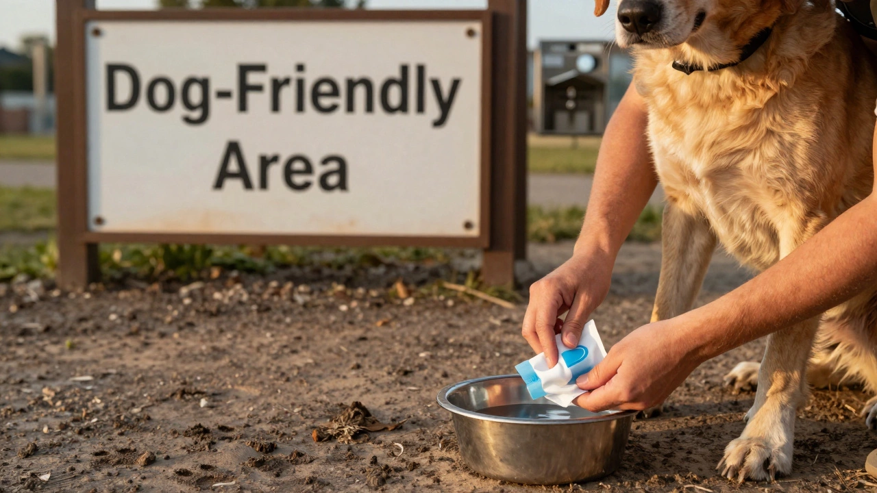 Owner wiping dog's paws with a pet-safe wipe while holding a clean water bowl at a campsite entrance.