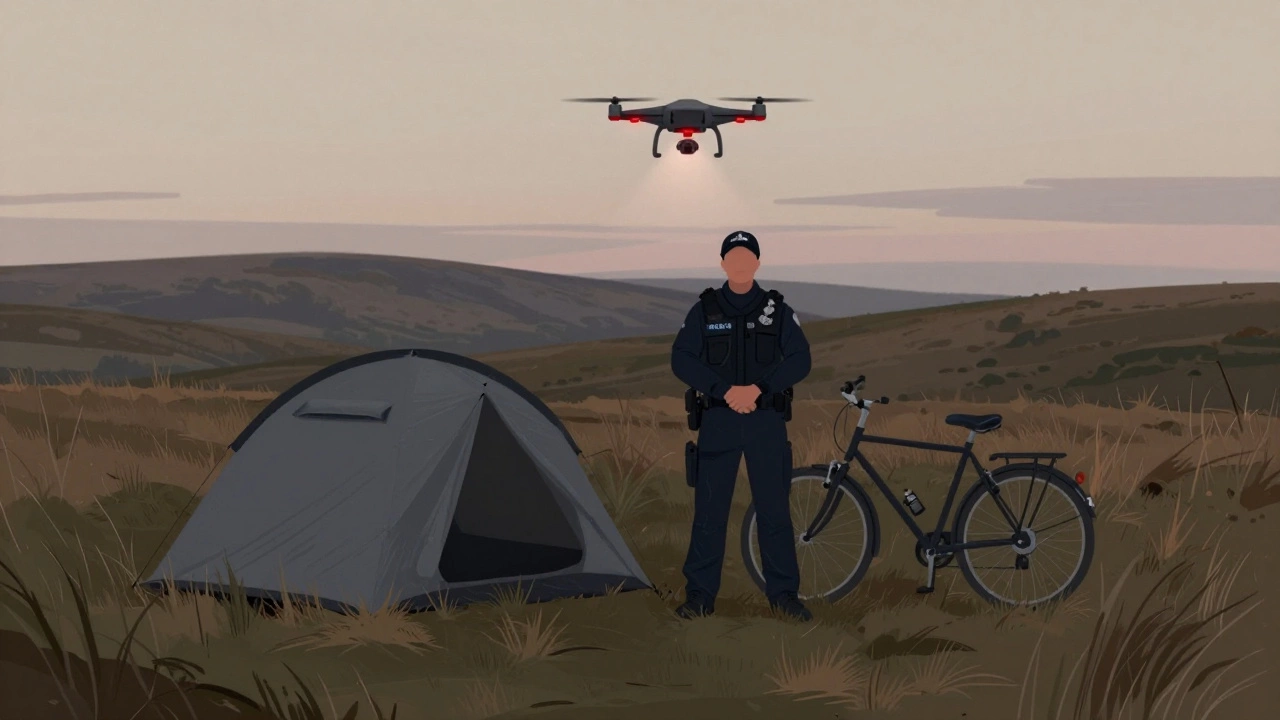 Police officer beside seized camping gear on moorland with a drone overhead at twilight.
