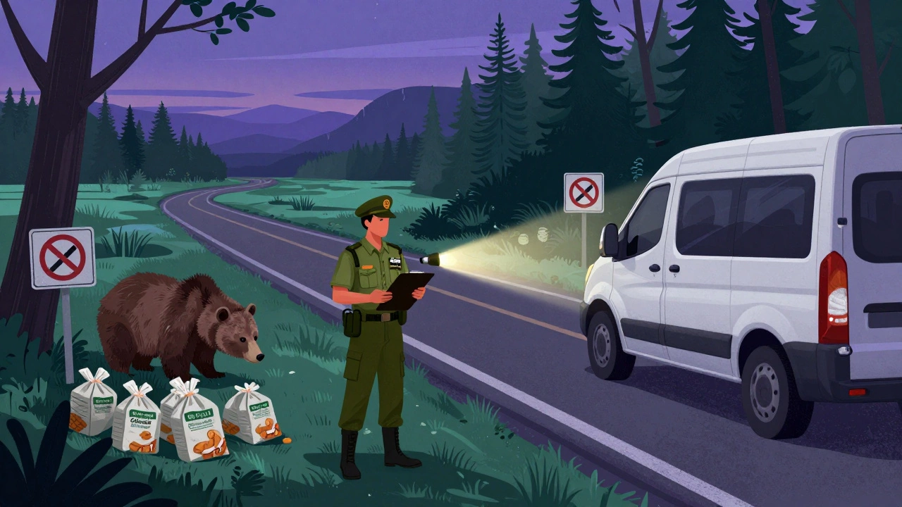 Ranger confronting a van parked illegally near a 'No Camping' sign, with wildlife attracted to unsecured food.