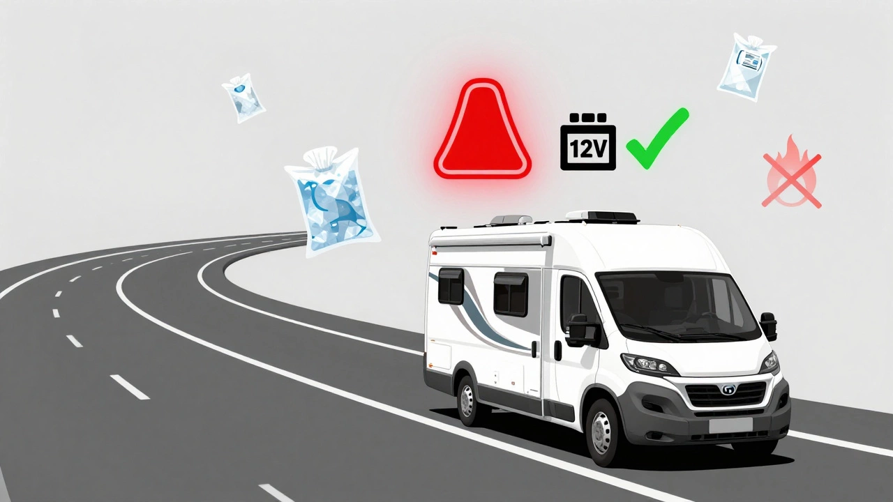 RV on road with red propane warning and green battery icon above it, ice packs and crossed-out flame floating nearby.