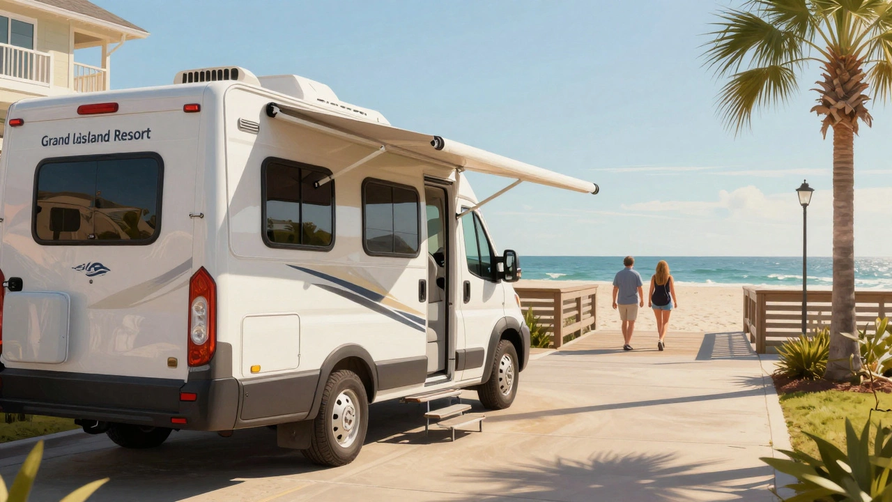 RV with awning at a beachfront campground, guests walking toward the ocean via boardwalk.