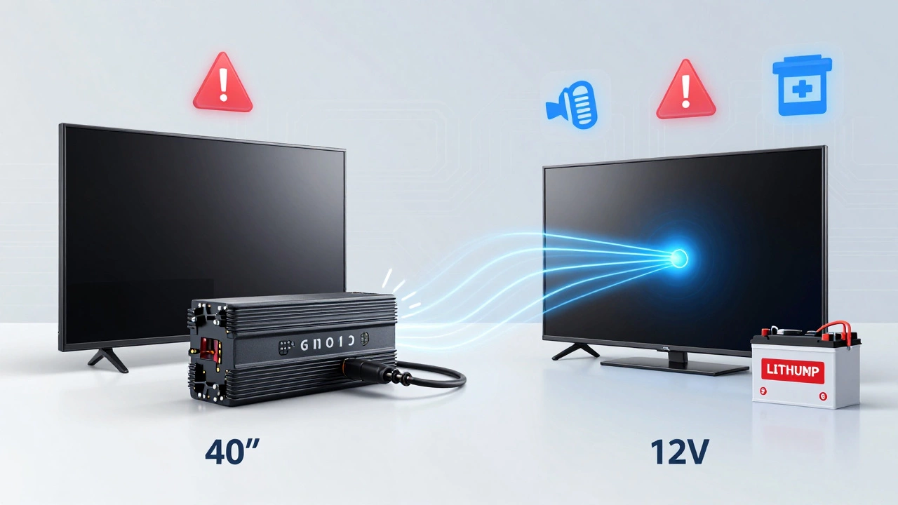 Side-by-side comparison: a home TV with a struggling inverter versus a 12V TV drawing power directly from a battery.
