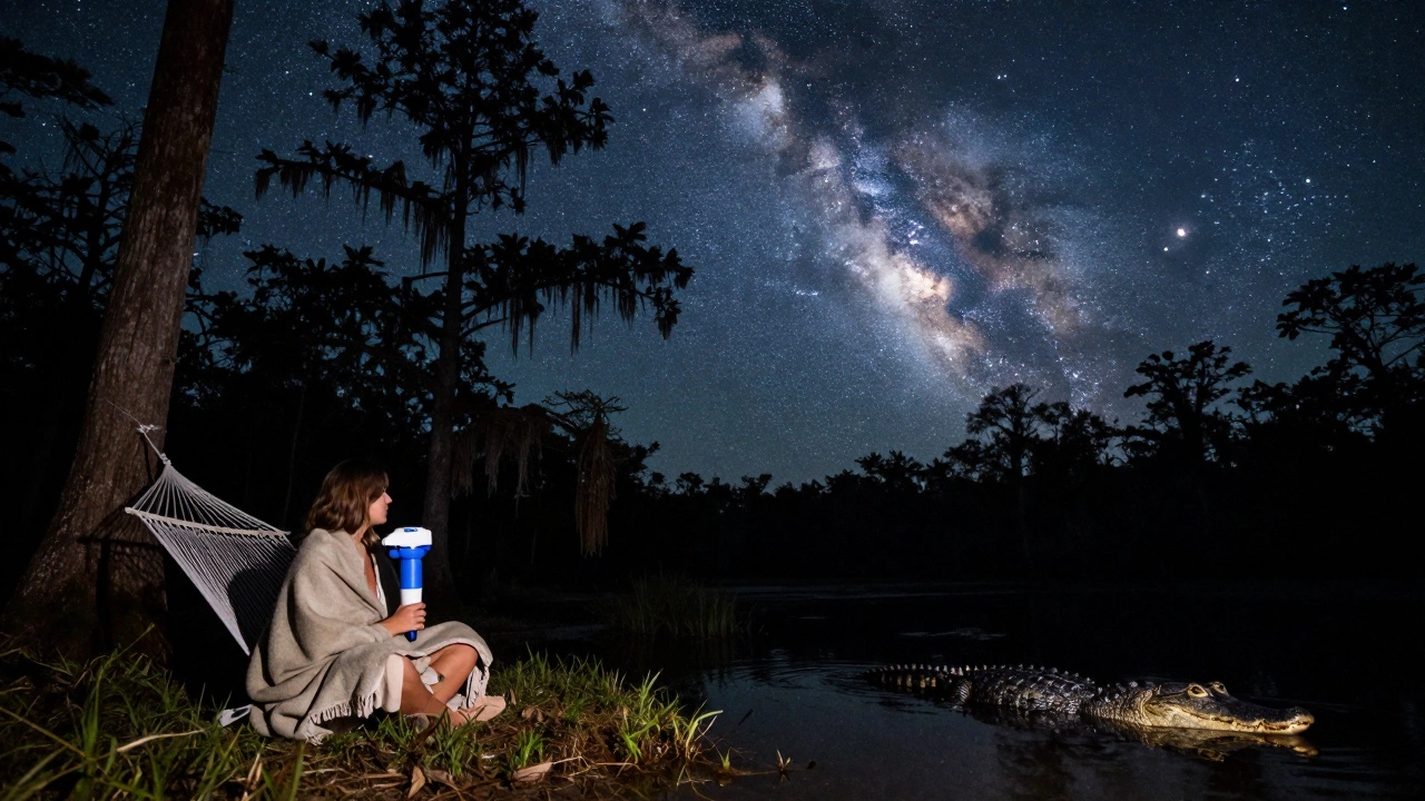 Solo camper under a starry sky in Florida, holding a water filter, with an alligator silhouette in the water below.