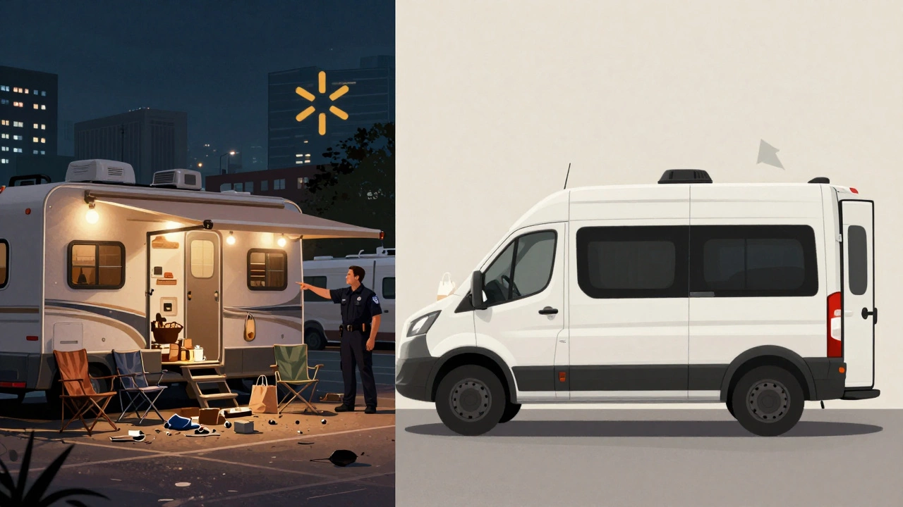 Split image: chaotic camping on left, discreet overnight stop on right, showing respectful vs. disruptive behavior.