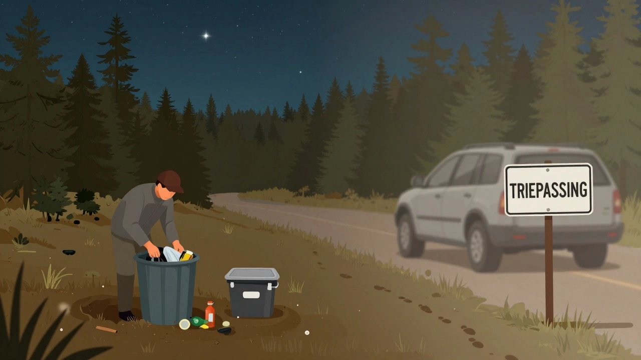 Split image showing responsible camping on one side and illegal camping consequences on the other, under a starry sky.
