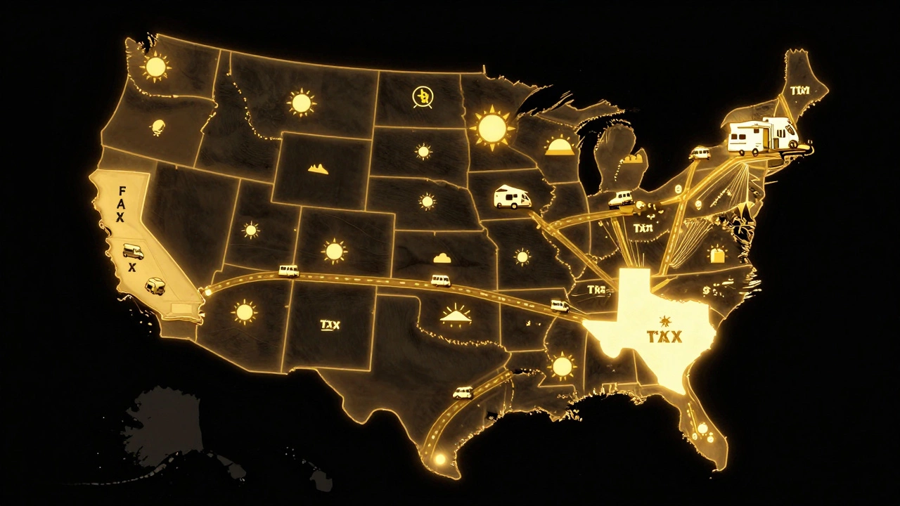 U.S. map highlighting top four motorhome states with golden roads and RV icons.