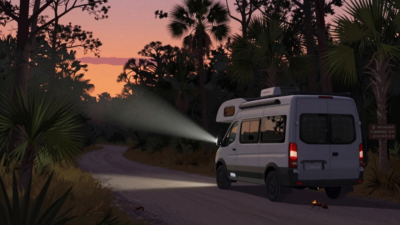 Van camper on a forest road at dusk in Ocala National Forest, with a &#039;Dispersed Camping Allowed&#039; sign and fire ants nearby.