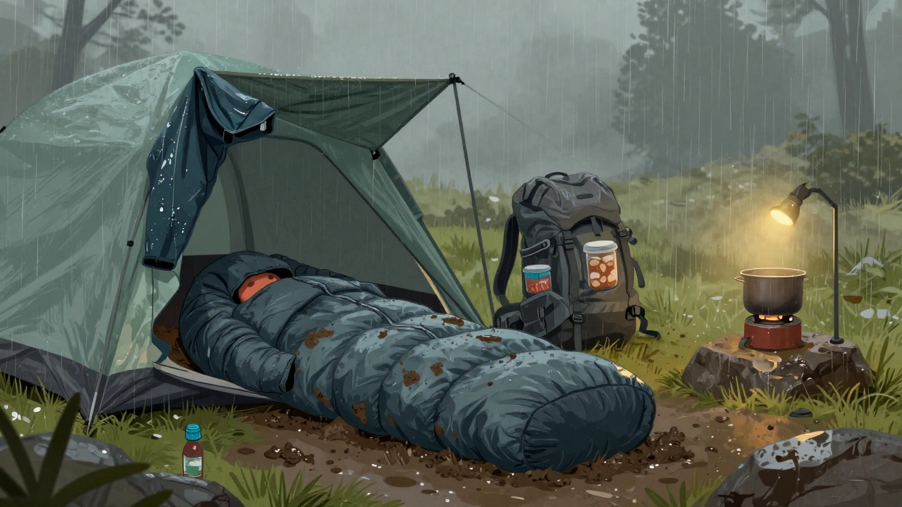 Wet gear drying outside a tent while cooking happens safely far away in the night.