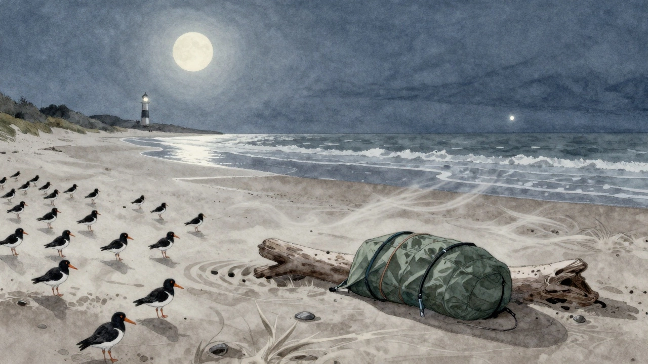 A camper in a bivvy bag beside driftwood on a Welsh beach at night, birds in the dunes.