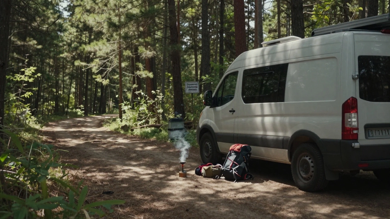 A camper van in a pine forest with a camp stove nearby, sunlight filtering through trees.