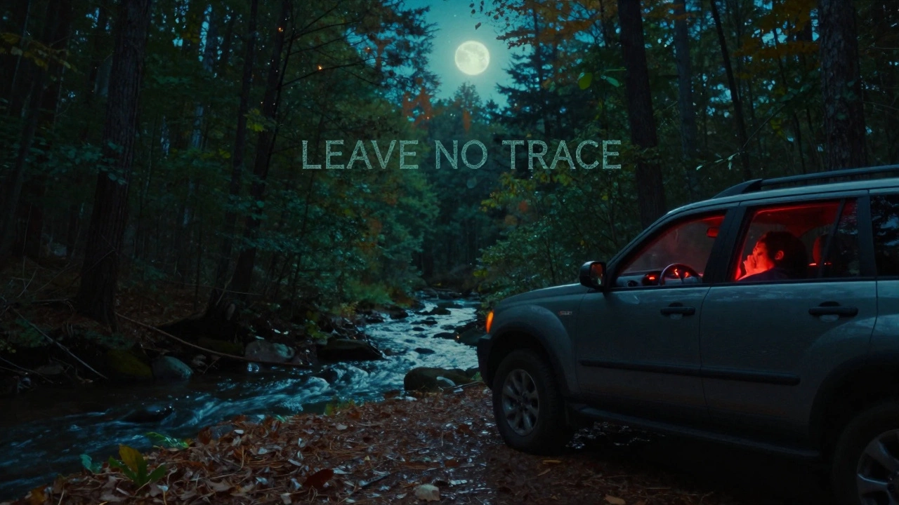 A car sleeping in a North Carolina national forest, 200 feet from a stream, under a starry sky with no gear outside.
