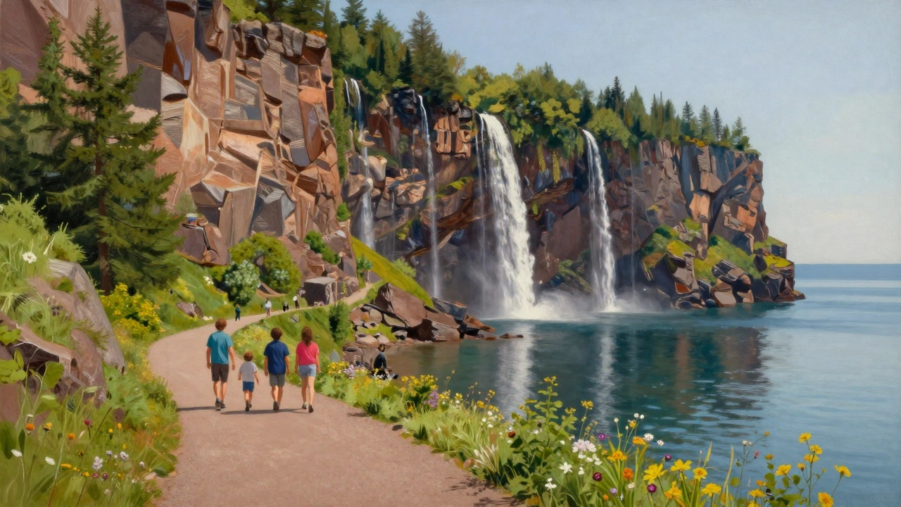 A family walks a trail with waterfalls and crystal-clear lake views under sunny cliffs.