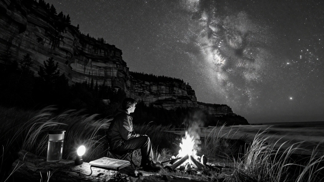A lone camper by a fire at night, silhouetted against star-filled sky and towering cliffs.