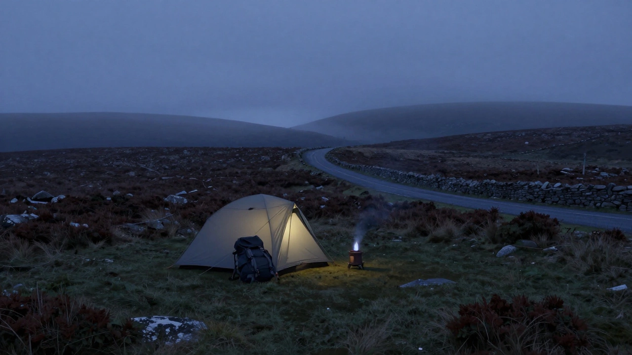 A lone tent on Dartmoor’s open land, 100 meters from a road, with a small stove glowing softly under twilight mist.