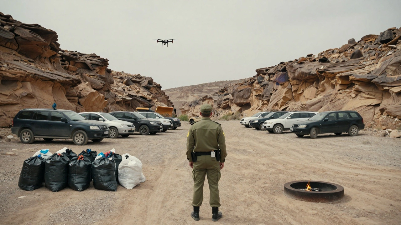 A ranger watches vehicles in a canyon, trash properly packed, drone visible overhead.