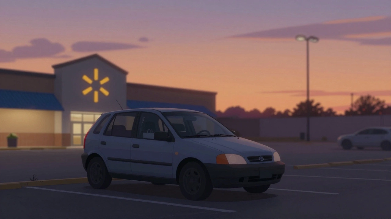 A vehicle in a Walmart parking lot at dusk with blackout curtain drawn, store lights glowing softly in the background.
